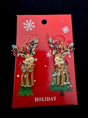 Multicolor Rhinestone Reindeer Holiday Earrings
